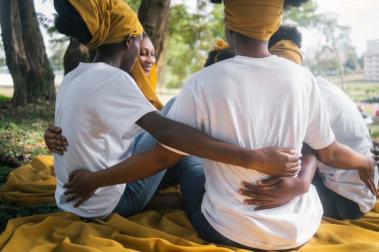 Support group members holding each other